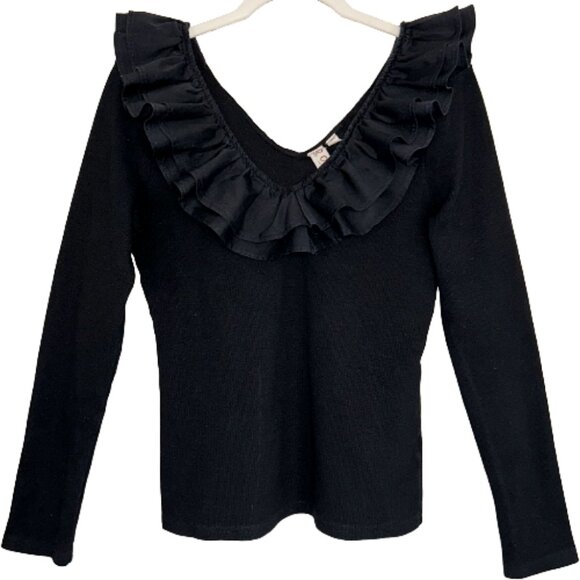 Dolan Left Coast Ruffled V-Neck Top Black M Ribbed Knit Feminine Ruffle Blouse - Picture 3 of 9